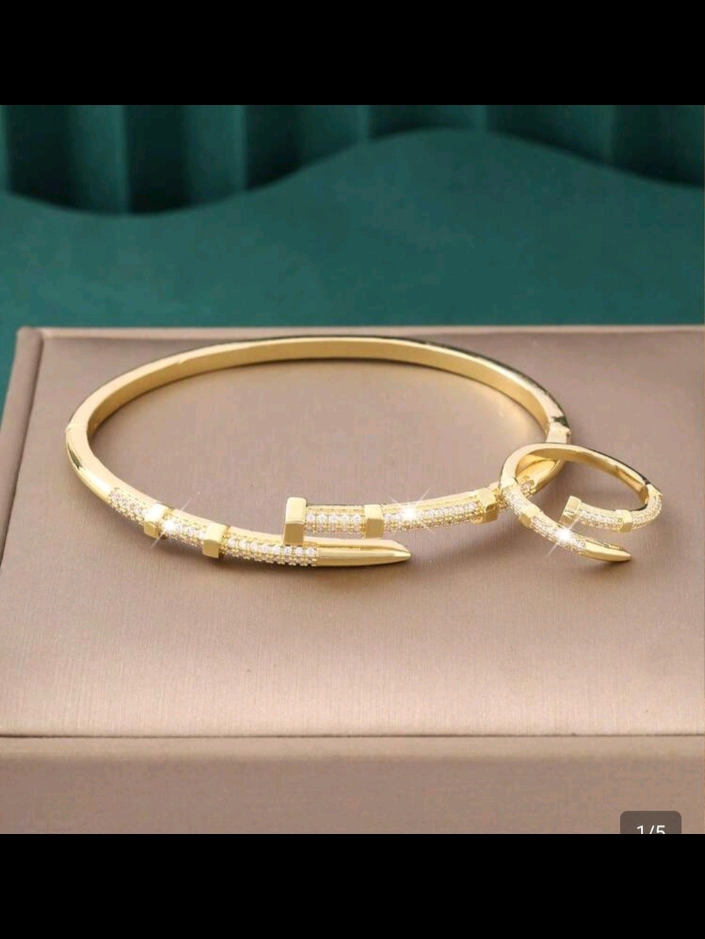 Gold Pavé Nail Bracelet and Ring Set - Elegant Women Jewelry